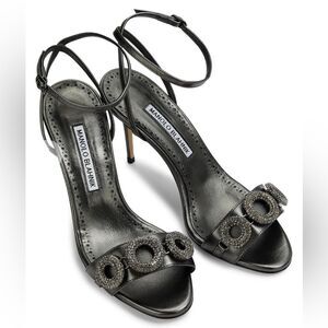 Manolo Blahnik Alvisa Crystal-Embellished Metallic Leather Sandals size 37.5